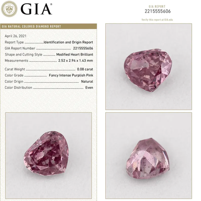 GIA Certified 0.8ct Fancy Intense Purplish Pink Natural Argyle Pink Diamond Heart Brilliant