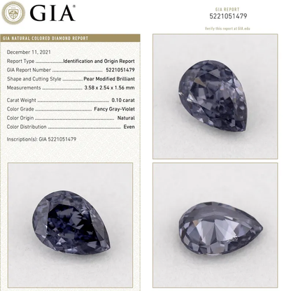 GIA Certified 0.10ct Fancy Gray Violet Natural Argyle Pink Diamond Pear Briliant