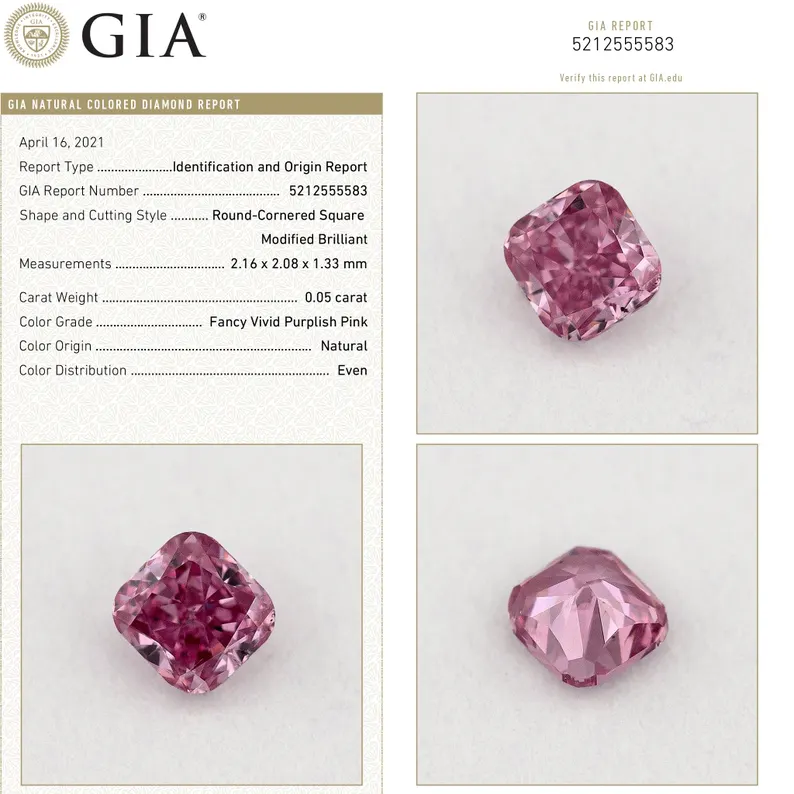 GIA Certified 0.05ct Fancy Vivid Purplish Pink natural Argyle Pink Diamond Cushion Brilliant