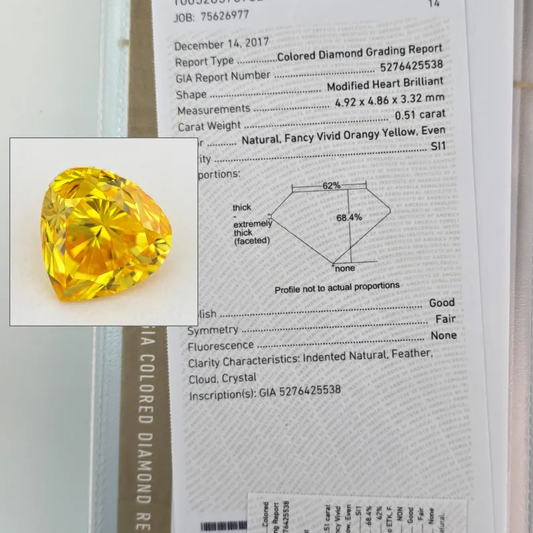 GIA Certified 0.51ct Fancy Vivid Orange Yellow Natural Yellow Diamond Heart SI1