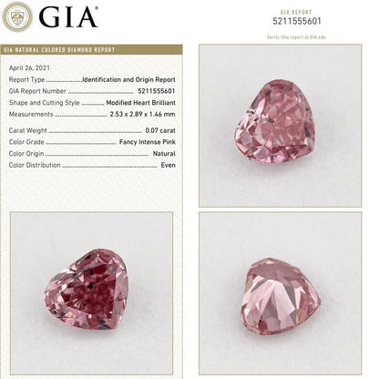 GIA Certified 0.07ct Fancy Intense Pink Natural Argyle Pink Diamond Heart Brilliant