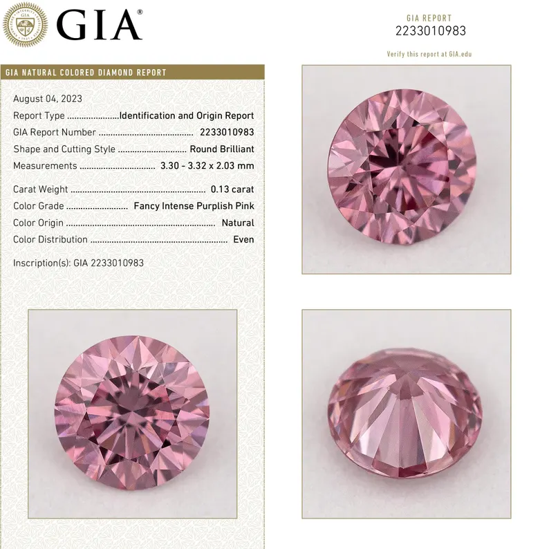 GIA Certified 0.13ct Fancy Intense Purplish Pink Natural Argyle Pink Diamond Round Brilliant VS1