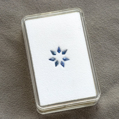 A complete rectangular gem box holding the seven blue kite-shaped sapphires on a white pad.
