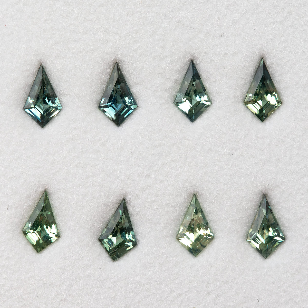 Eight green-to-blue-green kite sapphires viewed at a slight angle on a pale surface.