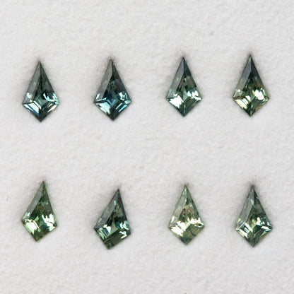 Eight green-to-blue-green kite sapphires viewed at a slight angle on a pale surface.
