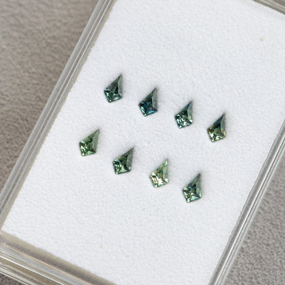 Eight small kite sapphires in a clear gem tray, viewed diagonally.