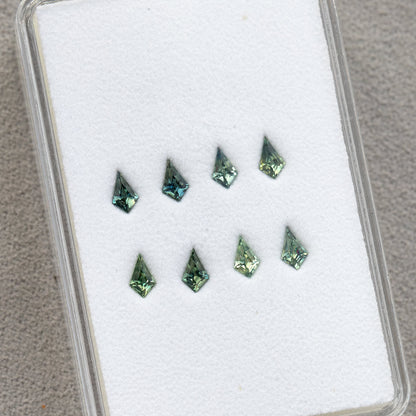 Original group of kite sapphires in a clear tray, showing spacing and size.