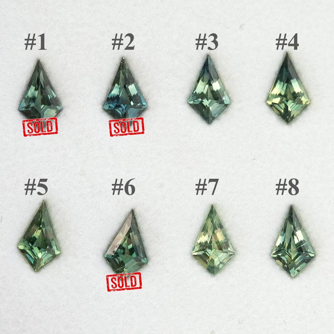 Numbered green and teal sapphire selection guide. Stones 1, 2 and 6 are marked sold; the other numbered stones remain pictured.