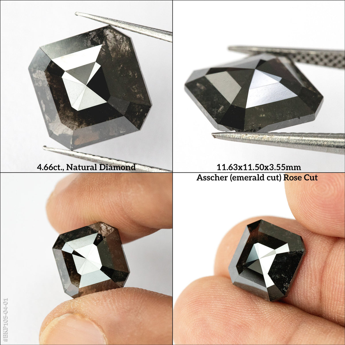 Four-view composite of the brownish-black rose-cut diamond in tweezers and between fingertips, with its weight and measurements.