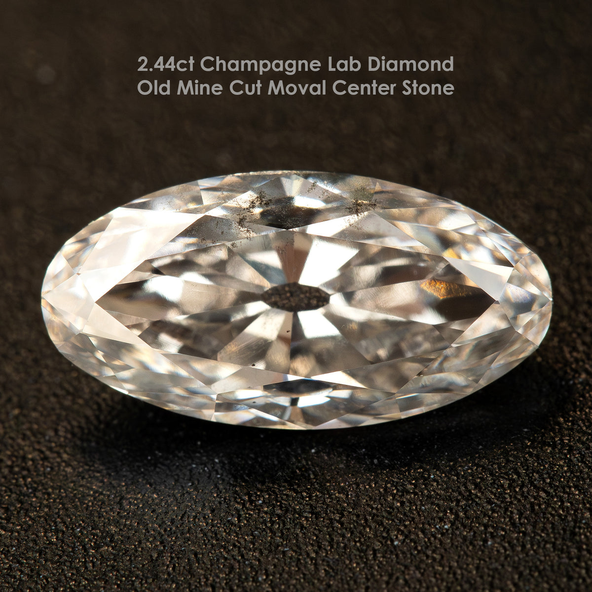 2.44 ct Light Champagne Lab-Grown Diamond, Old Mine Moval Cut, BLD124, informational product card with the SKU and principal specifications.