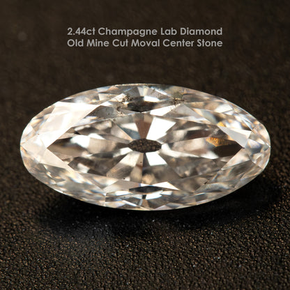 2.44 ct Light Champagne Lab-Grown Diamond, Old Mine Moval Cut, BLD124, informational product card with the SKU and principal specifications.