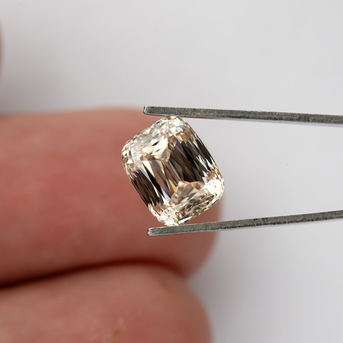 The diamond held in tweezers in front of a fingertip, providing scale while showing the full outline.