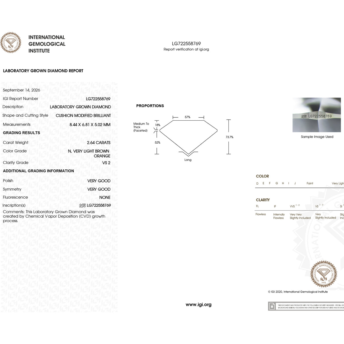 Full IGI laboratory-grown diamond report for report number LG722558769.