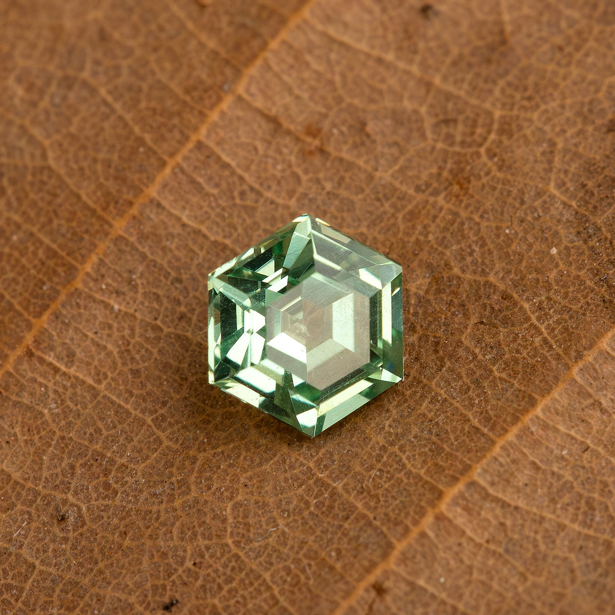 One mint green hexagonal lab-grown sapphire on a brown leaf, with a bright reflection across its center.