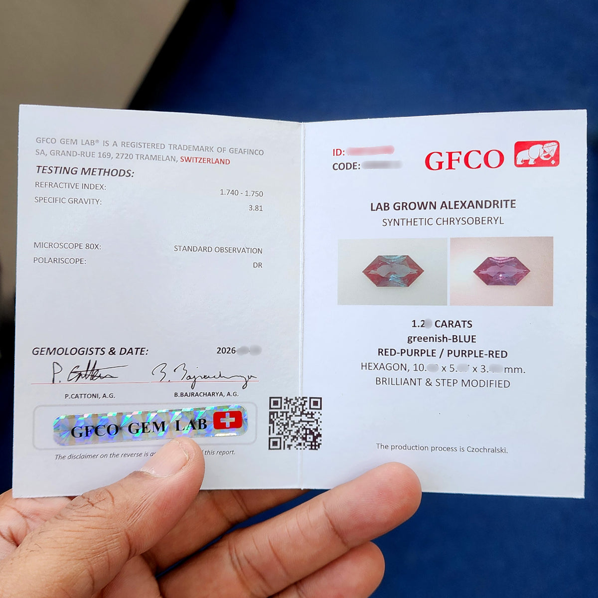 Representative GFCO Gem Lab report for BLS113. The supplied lab-grown alexandrite includes its own report.