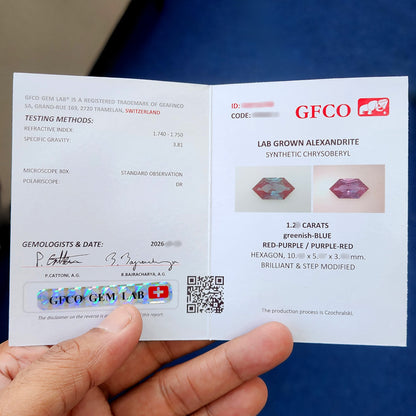 Representative GFCO Gem Lab report for BLS113. The supplied lab-grown alexandrite includes its own report.