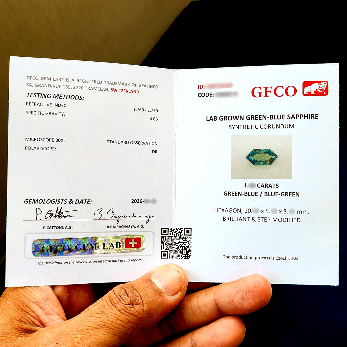 Representative GFCO Gem Lab report for BLS115. The supplied lab-grown sapphire includes its own report.