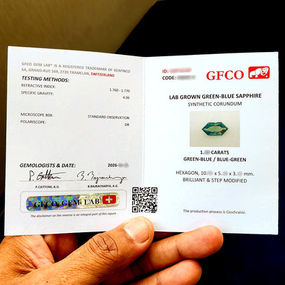 Representative GFCO Gem Lab report for BLS115. The supplied lab-grown sapphire includes its own report.