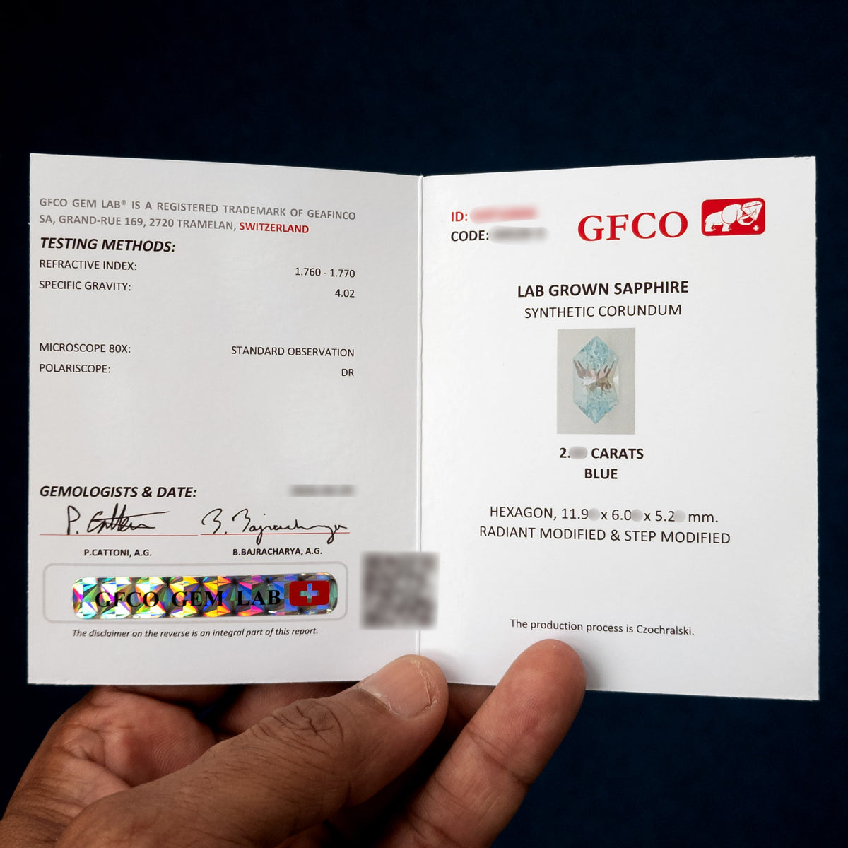 Representative GFCO Gem Lab report shown with the BLS127 lab-grown sapphire.