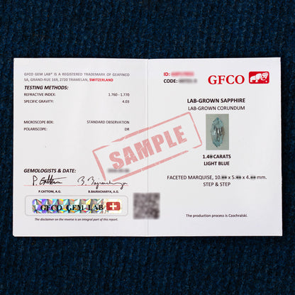 GFCO sample laboratory report for lab-grown sapphire, marked SAMPLE; the laboratory issuing the supplied report may vary.