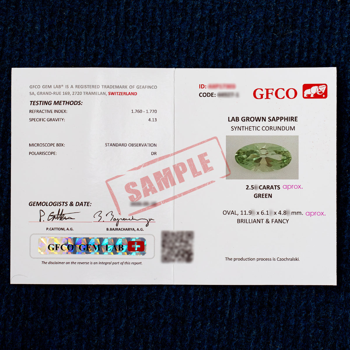GFCO SAMPLE report image for a green lab-grown sapphire; identifiers are obscured and reference measurements are approximate.