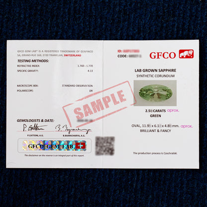 GFCO SAMPLE report image for a green lab-grown sapphire; identifiers are obscured and reference measurements are approximate.