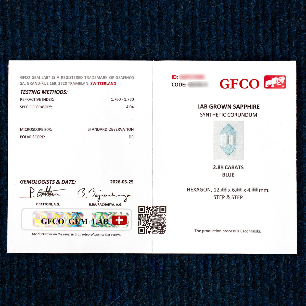 Representative GFCO report image for a blue lab-grown sapphire, with identifying numbers and exact measurements obscured.