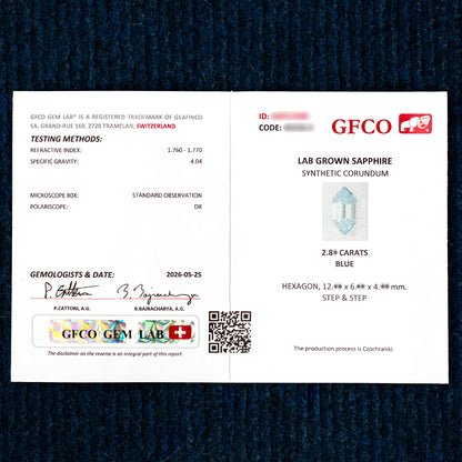 Representative GFCO report image for a blue lab-grown sapphire, with identifying numbers and exact measurements obscured.