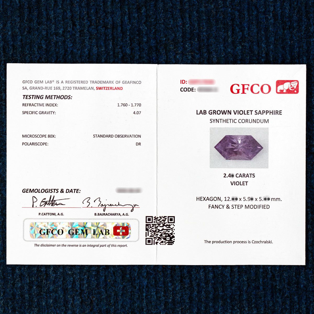 Representative GFCO report for violet lab-grown sapphire; identifying numbers and exact figures are obscured.