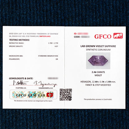 Representative GFCO report for violet lab-grown sapphire; identifying numbers and exact figures are obscured.