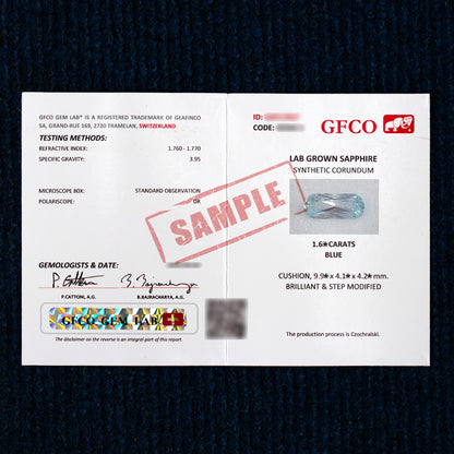 GFCO sample report for lab-grown blue sapphire, marked SAMPLE with identifiers obscured.