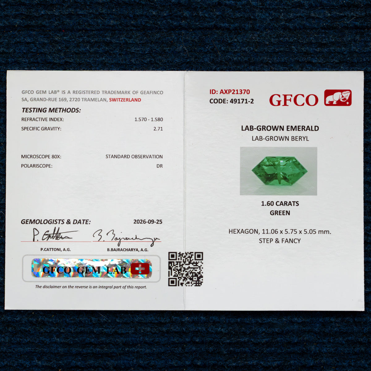GFCO laboratory report AXP21370 for BLS199, photographed on dark blue fabric.