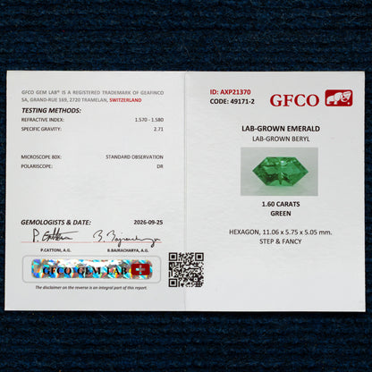GFCO laboratory report AXP21370 for BLS199, photographed on dark blue fabric.
