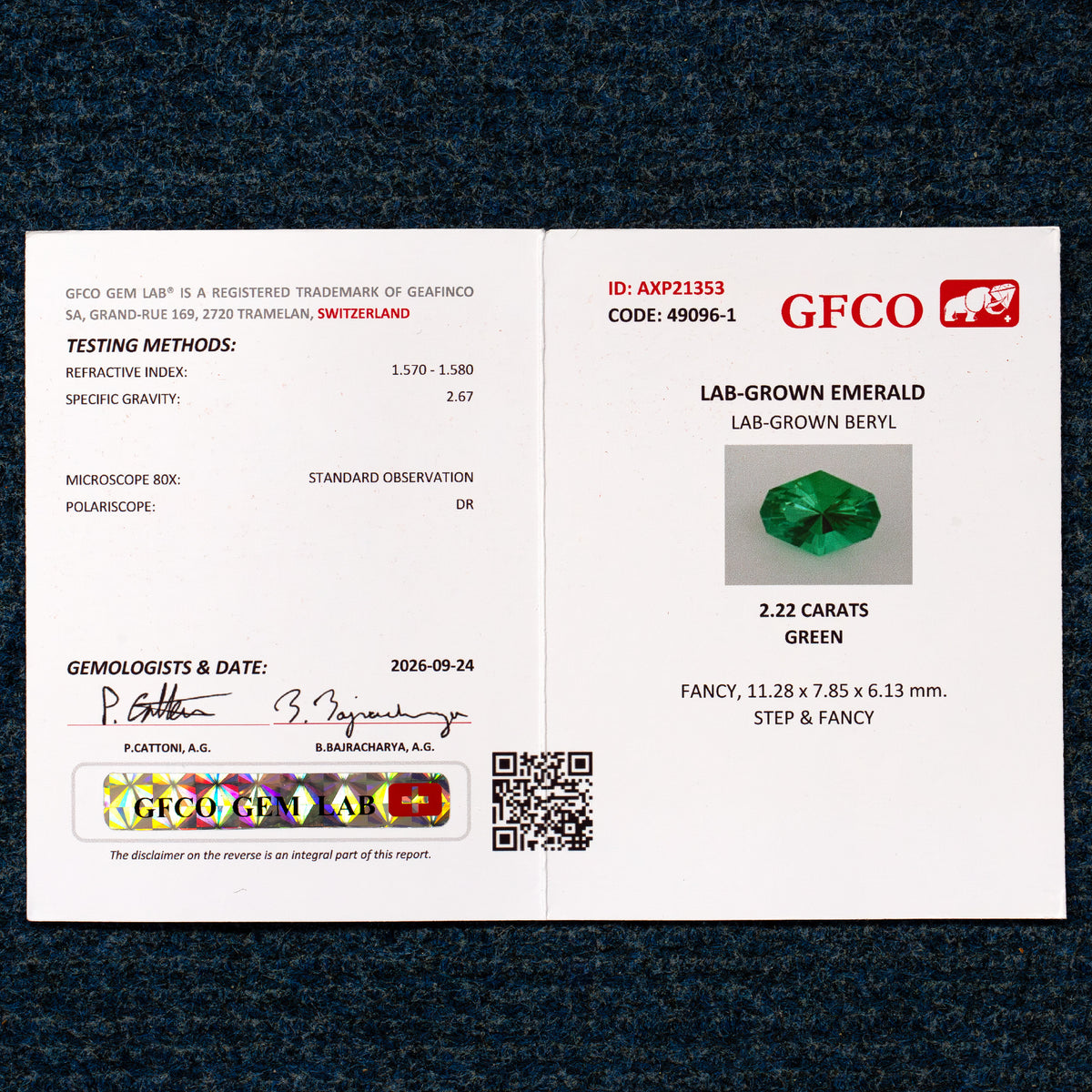 GFCO report AXP21353 for the pictured BLS200 sample: lab-grown emerald,2.22ct,11.28 by7.85 by6.13mm.
