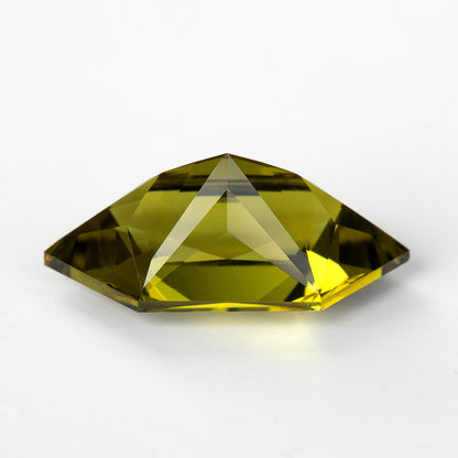 Pavilion view of the hexagonal lab-grown sapphire showing the pointed underside.
