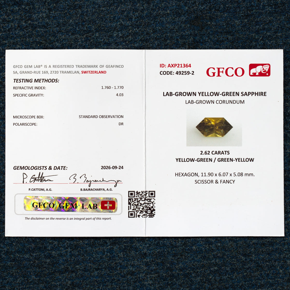 GFCO report AXP21364 for the pictured BLS201 sample:2.62ct lab-grown sapphire,11.90 by6.07 by5.08mm.