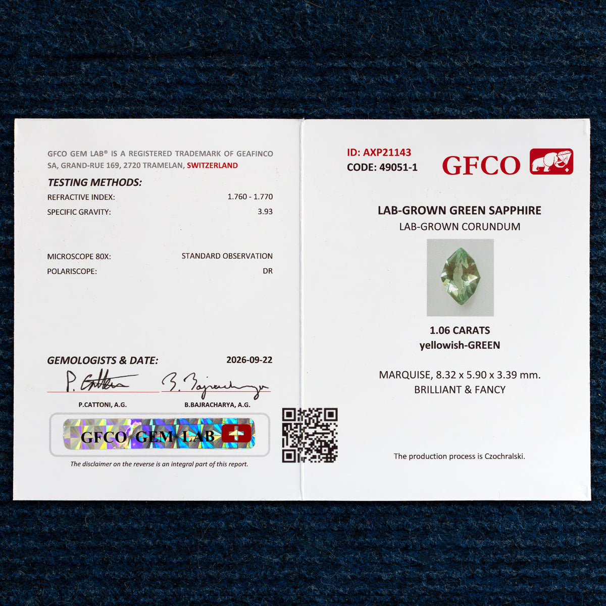 GFCO laboratory report AXP21143 for BLS203, photographed on dark blue fabric.