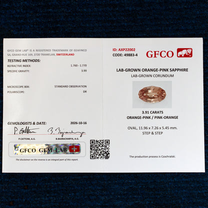 Pictured GFCO sample report AXP22002 for lab-grown orange-pink sapphire; each supplied gemstone includes its individual report.
