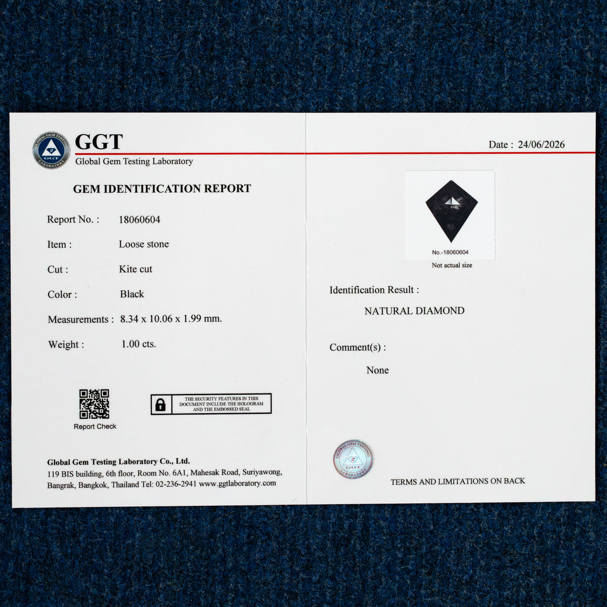 1.00ctの天然ブラックのカイトカットダイヤモンド、SKU BND155に対応するGGT Global Gem Testing Laboratoryレポート18060604。