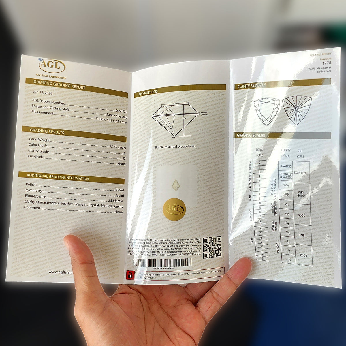 Open AGL Thai Laboratory grading report 0060778 for the pictured kite diamond.