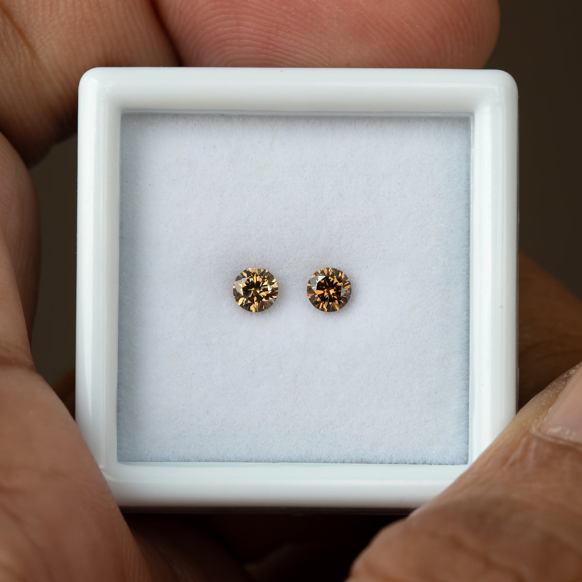 Two round cognac-brown diamonds in a white display box held by fingers from a slightly different angle, showing amber-gold reflections.