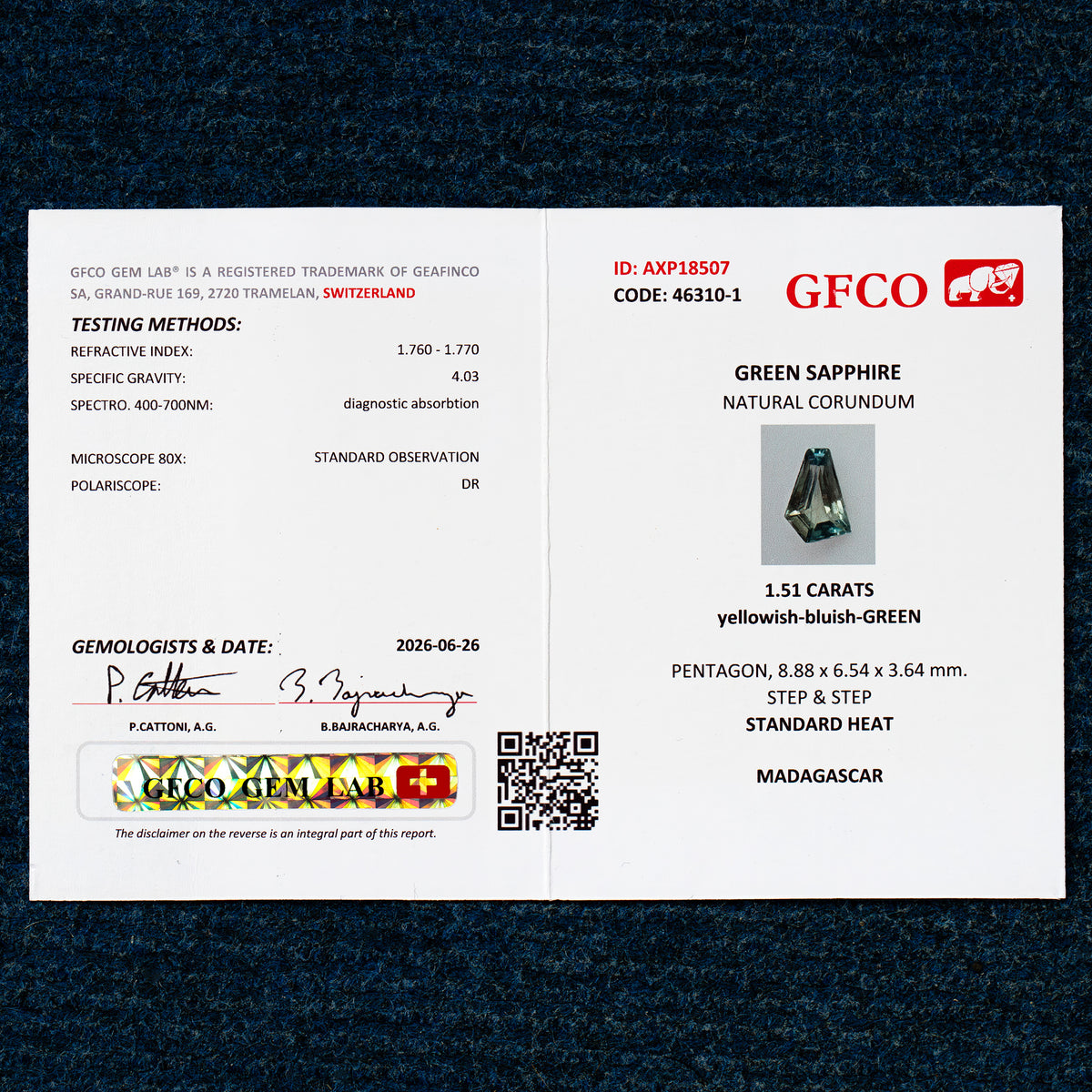Informe del laboratorio de gemas GFCO AXP18507 para zafiro pentagonal verde amarillento-azulado natural de 1.51 ct, SKU BNS159