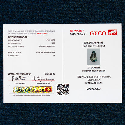 Informe del laboratorio de gemas GFCO AXP18507 para zafiro pentagonal verde amarillento-azulado natural de 1.51 ct, SKU BNS159