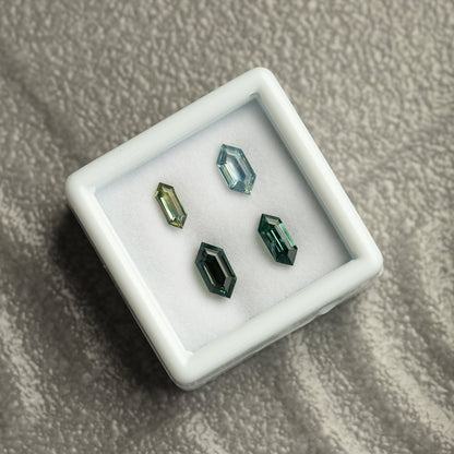 Second angled comparison of the four geometric natural sapphire cuts.