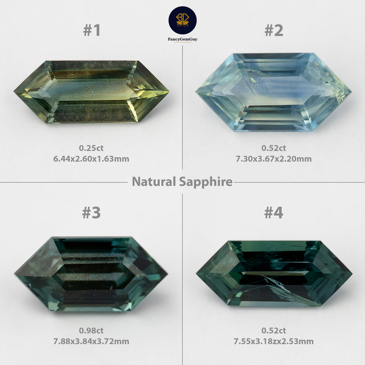 Numbered comparison of four natural sapphire Dutch marquise options with weights and measurements.