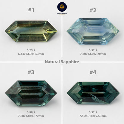 Numbered comparison of four natural sapphire Dutch marquise options with weights and measurements.