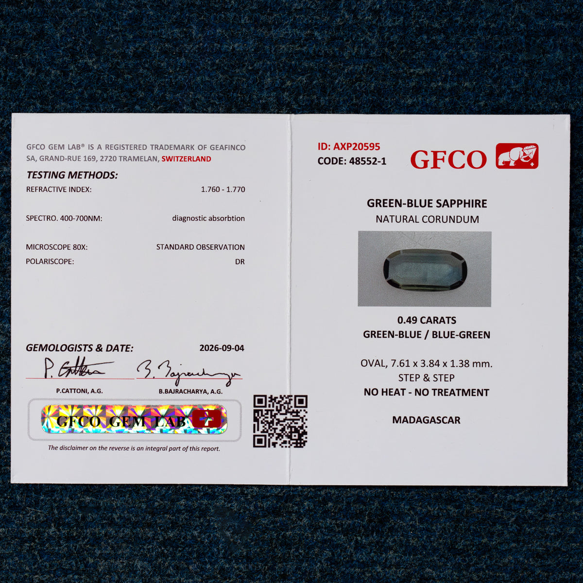 GFCO report image for BNS190 showing identifier AXP20595, 0.49 ct, measurements, no-heat/no-treatment statement and Madagascar origin.