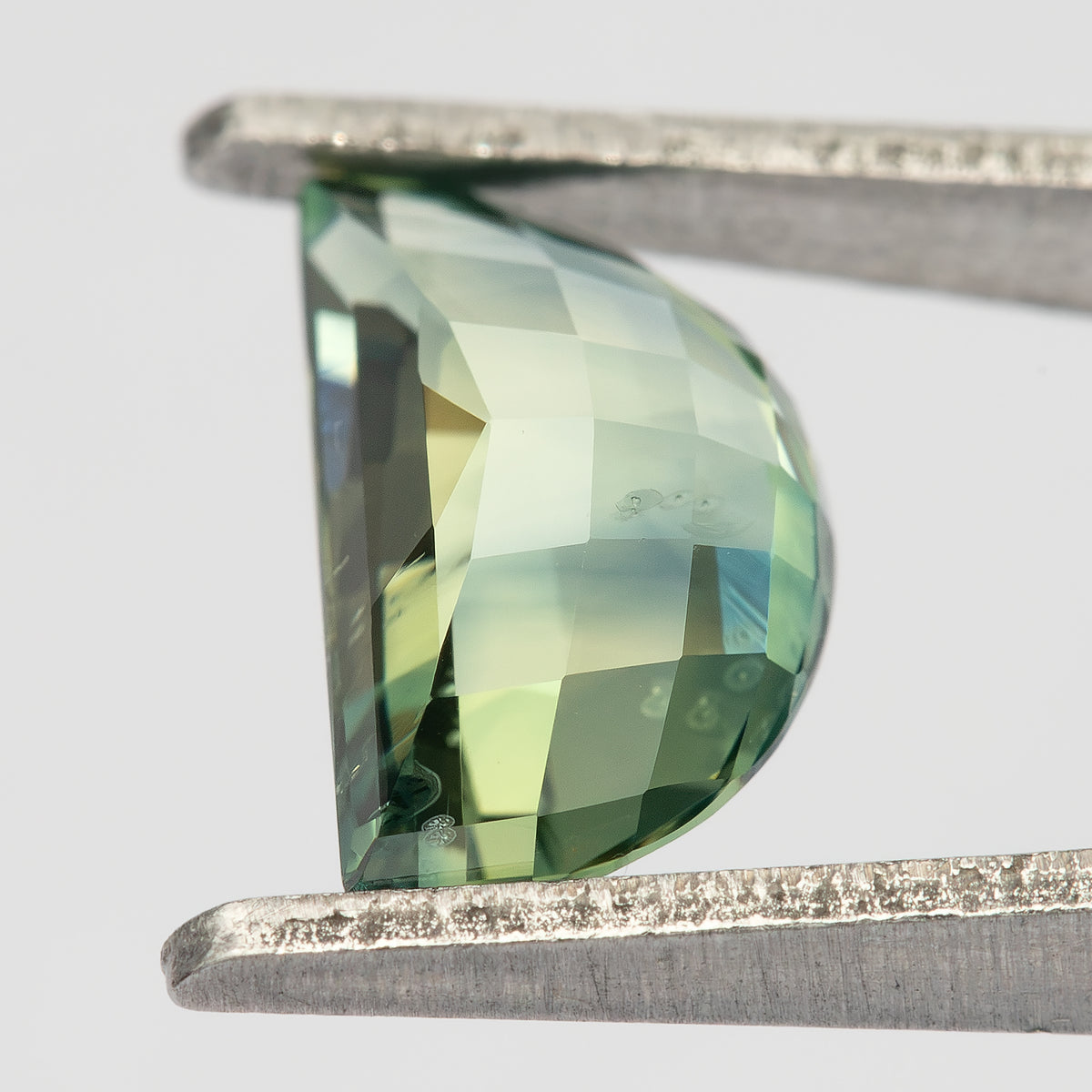 Close tilted pavilion view of the half-moon sapphire in tweezers, with enlarged checkerboard facets reflecting pale green, yellow-green and blue-green tones.