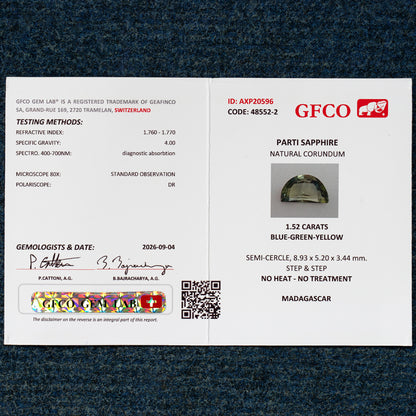GFCO report AXP20596 for a 1.52ct natural parti sapphire, listing blue-green-yellow color, 8.93x5.20x3.44mm measurements, no heat or treatment, and Madagascar origin.