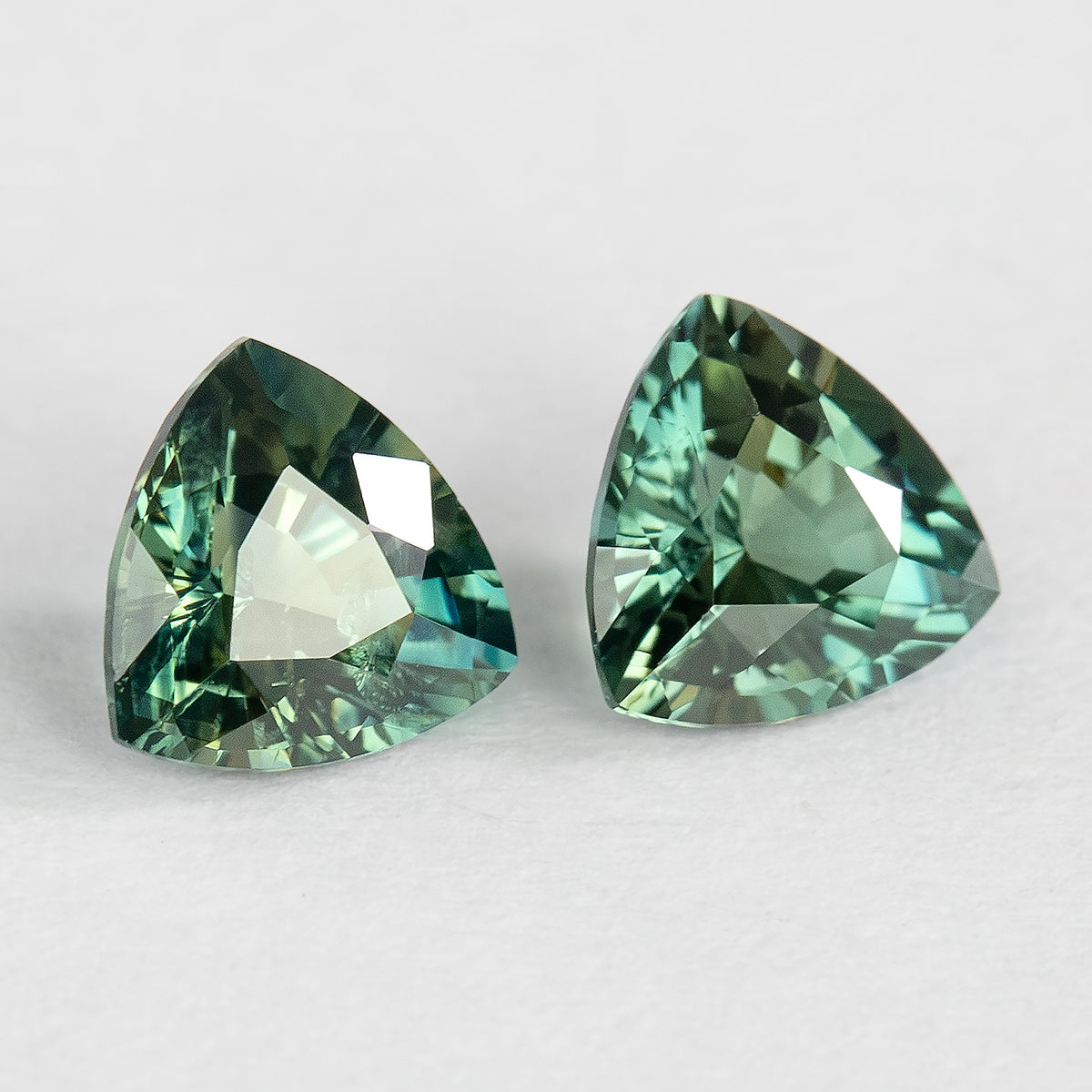 Angled close-up of both trillion sapphires on a white surface, showing their curved edges and changing reflections.
